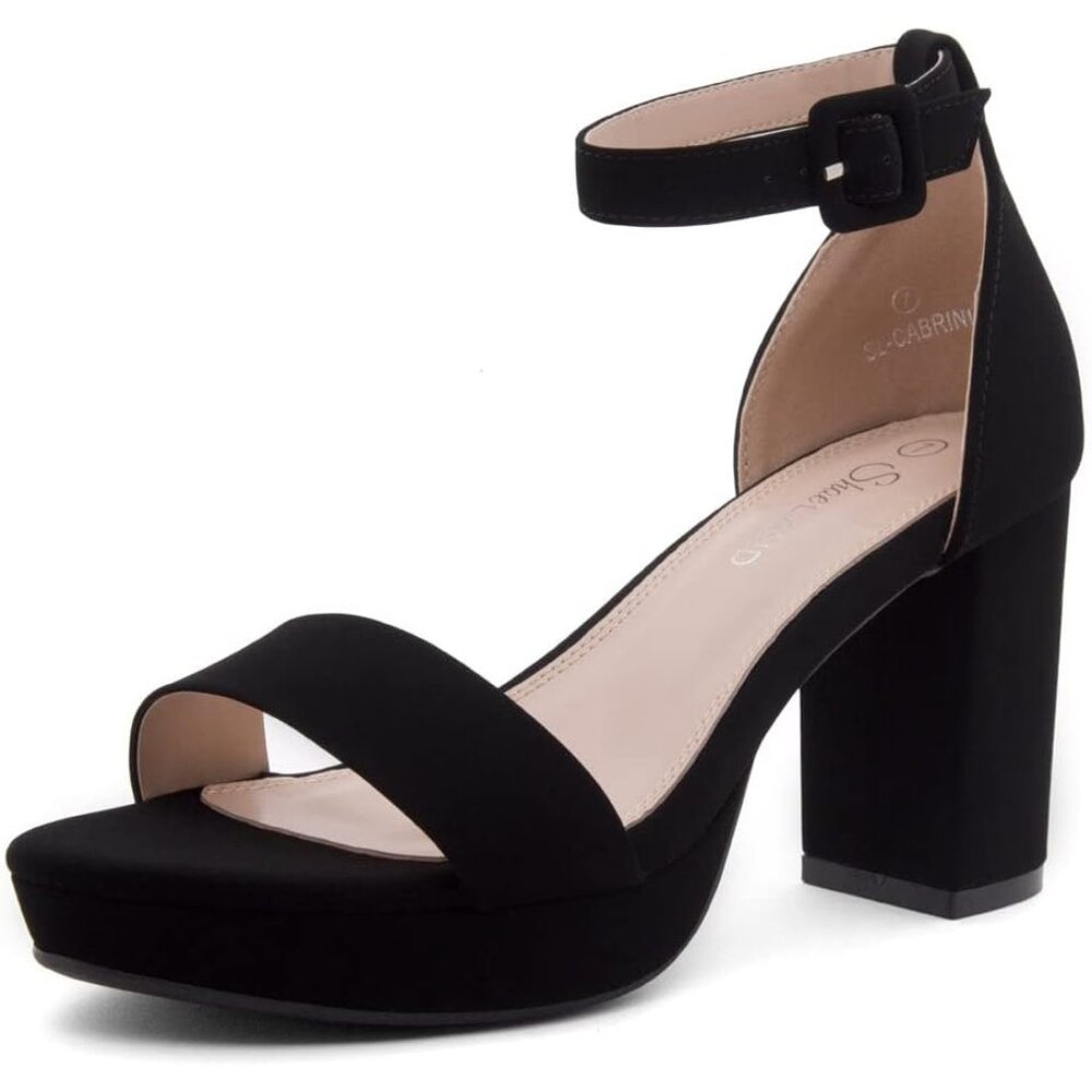 Women's Black Chunky Block Ankle Strap Stylish Comfortable Open Toe Strappy Heel